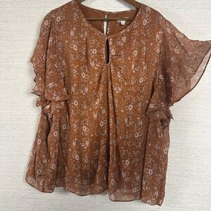 Como Blu Womens 3X Brown Glitter Floral Boho Earthy Cottagecore Top Ruffle Boho